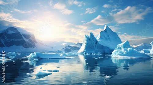 Towering icebergs floating in a serene Arctic landscape