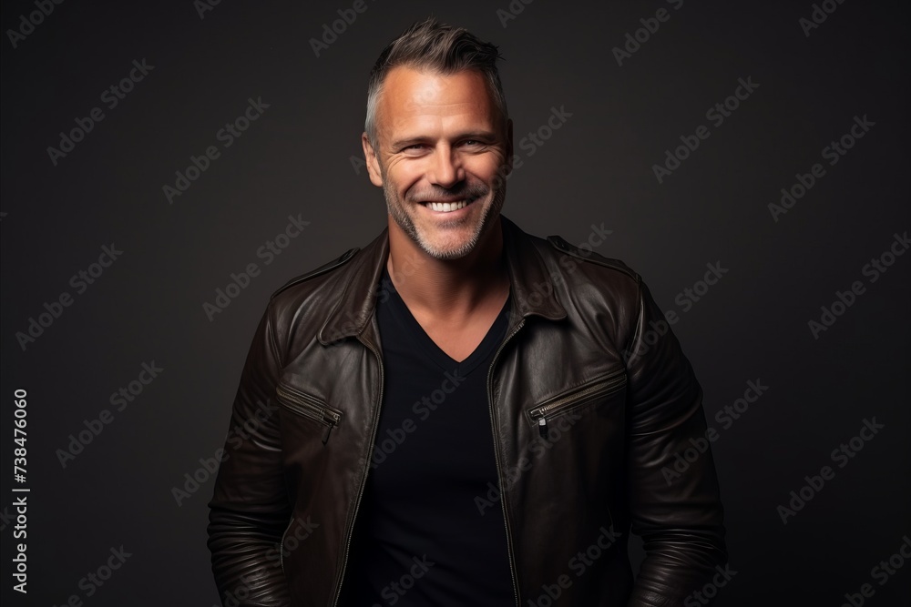 Portrait of a handsome mature man in leather jacket, smiling at camera.