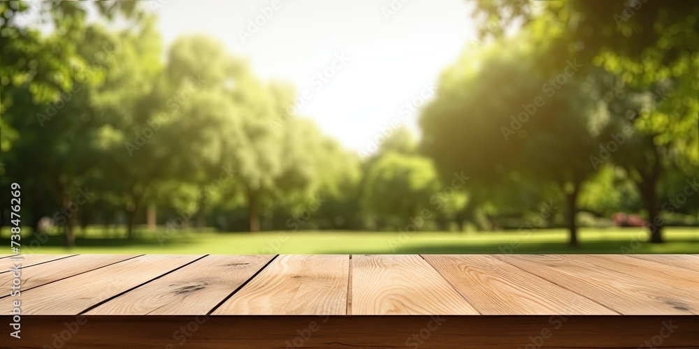 A blank wooden table with a blurred park background, a template for your design display, and a banner for product advertising. - obrazy, fototapety, plakaty 