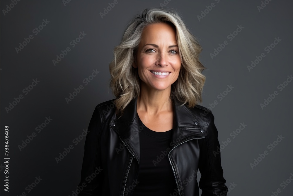 Portrait of a beautiful middle-aged woman in a black leather jacket - obrazy, fototapety, plakaty 