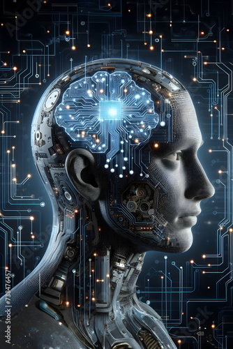 Wallpaper Mural Artificial intelligence. Computer mind connections head. Human head with circuit board inside. Engineering concept Torontodigital.ca