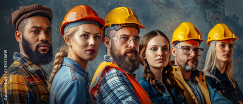 Professional workers in hard hats, factory or production workers, engineers