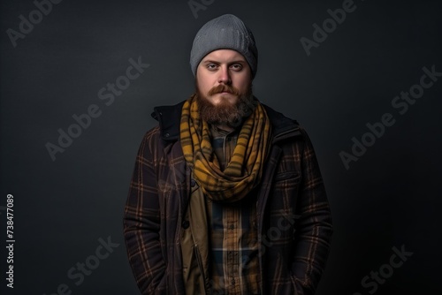 Portrait of a bearded hipster man in a warm hat and scarf. © Igor