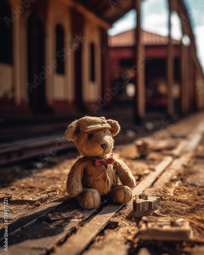 An old, abandoned Victorian Australian train station in the outback, with a handmade vintage soft toy teddy bear on the railway tracks from the 19th century. 