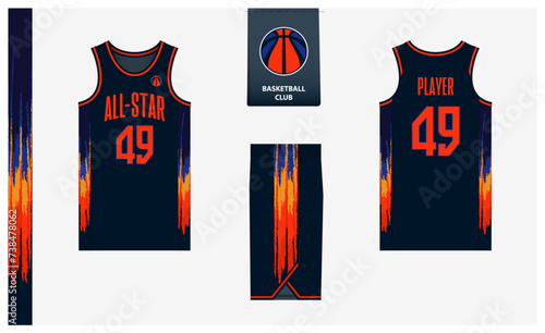 Basketball uniform mockup template design for sport club. Basketball jersey, basketball shorts in front and back view. Basketball logo design.  photo