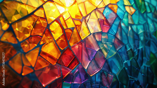 Vibrant mosaic, shattered glass, abstract shards, kaleidoscopic brilliance.