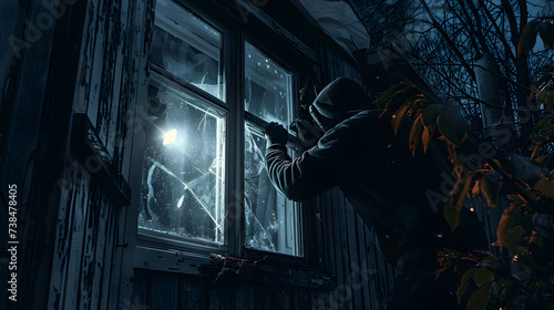 A burglar wearing a black hoodie and gloves is breaking into a house through a window, The burglar could be using a flashlight to look for valuables. photo