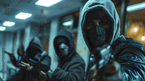 A group of thieves wearing ski masks are robbing a bank, The thieves could be holding guns, and they could be forcing the bank tellers to hand over money. photo