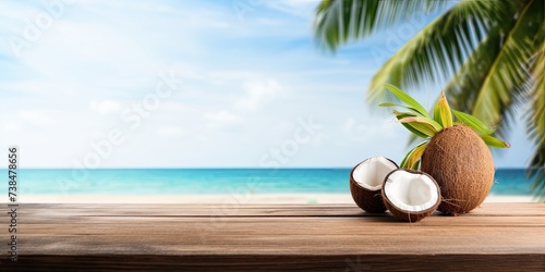 Coconut leaves product display on wooden bar with beach background; clean kitchen wood desk on sea view.