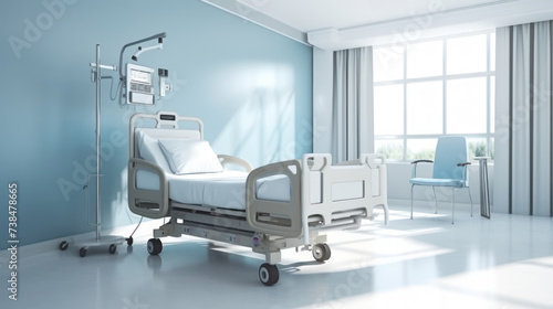 Illustration hospital interior in recovery or inpatient room with bed and amenities