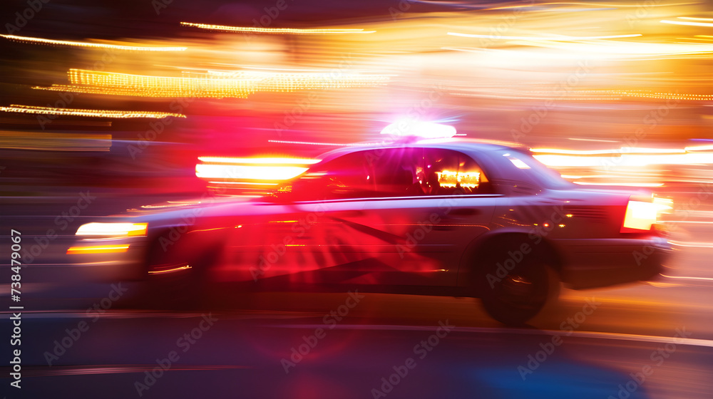 police car racing through the city at night
