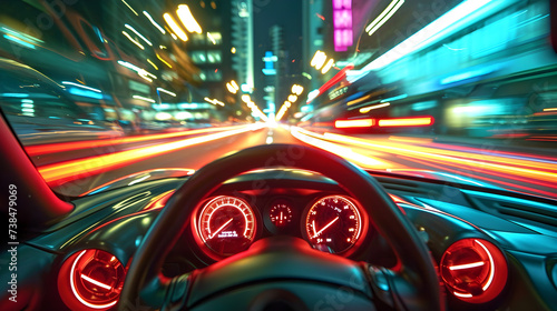 fast car racing through the city from the driver's perspective