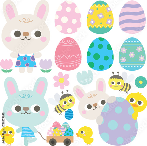 Easter and spring set with cute bunnies chickens and easter eggs vector illustration
