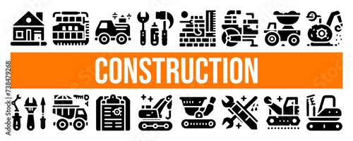 Construction glyph icons set. Glyph web banner icon set construction, home repair tools. Construction vehicle, elements, tools.