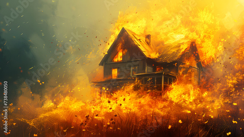 A house is consumed by a fierce fire, with flames and sparks rising against the evening sky