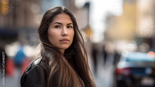 Portrait of an American Indian woman posing on a downtown street.
