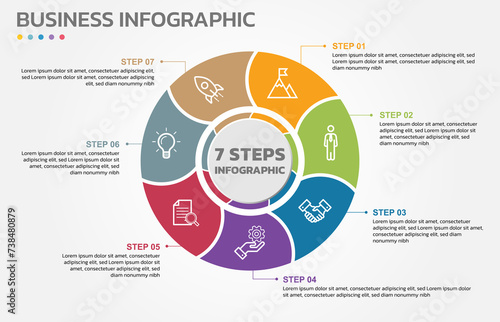 Visual data presentation. Cycle diagram with 7 options. Pie Chart Circle infographic template with 7 steps, options, parts, segments. Business concept. Editable pie chart with sectors.