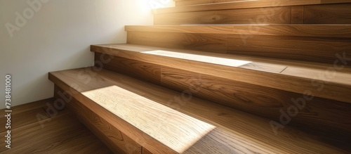 Contemporary wooden stairs with nosing strip.