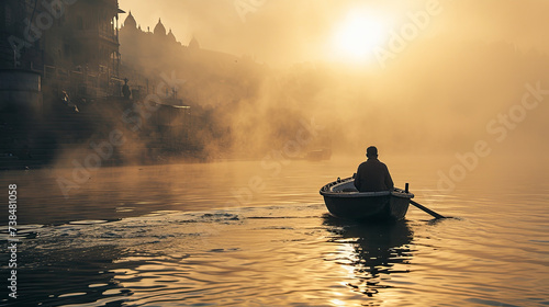 Photography of the boat with sun light and misty at Ganga river, Varanasi