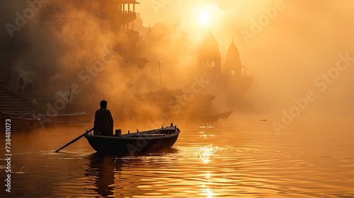 Photography of the boat with sun light and misty at Ganga river, Varanasi