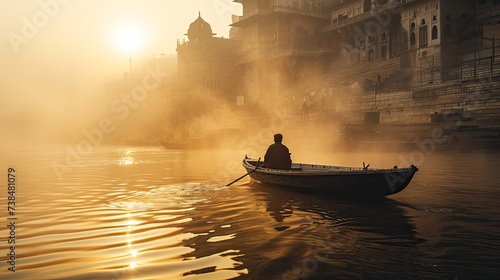 Photography of the boat with sun light and misty at Ganga river, Varanasi