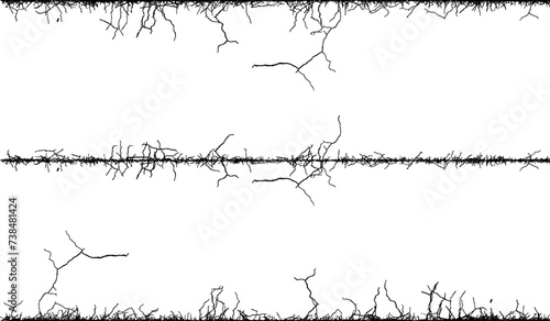 Silhouette of a wire fence, barbed wire border with branches black and white, barbed wire seamless background, silhouette of grass