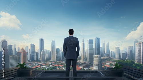 Businessman in a Suit Observing Cityscape From Above