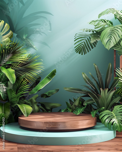 3D render product display with tropical view