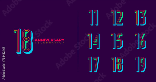 Set of anniversary number logo. Birthday symbol with colorful shape and glow concept for celebration event photo