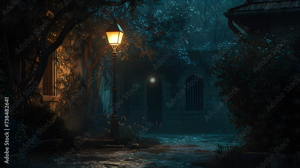 Mystical Nighttime Alley with Glowing Street Lamp