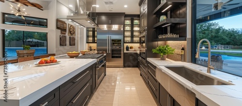 Spacious kitchen with a large white countertop, separate spice wok area, dark grey service section with wine fridge, glass cabinet shelves, and farmhouse sink.