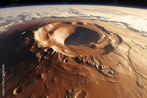 Stock image of a panoramic view from the top of Mars' Olympus Mons, the tallest volcano in the solar system, revealing the vast Martian landscape. photo