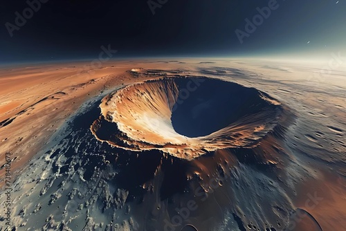 Stock image of a panoramic view from the top of Mars' Olympus Mons, the tallest volcano in the solar system, revealing the vast Martian landscape.