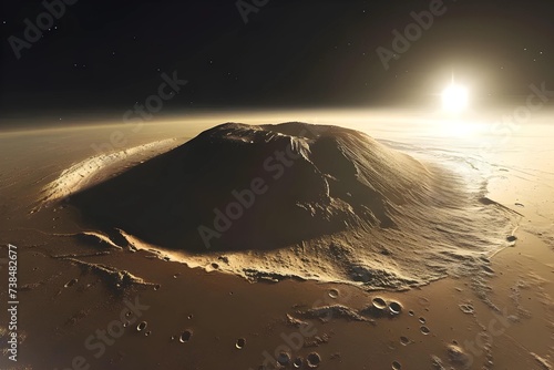 Stock image of a panoramic view from the top of Mars' Olympus Mons, the tallest volcano in the solar system, revealing the vast Martian landscape. photo