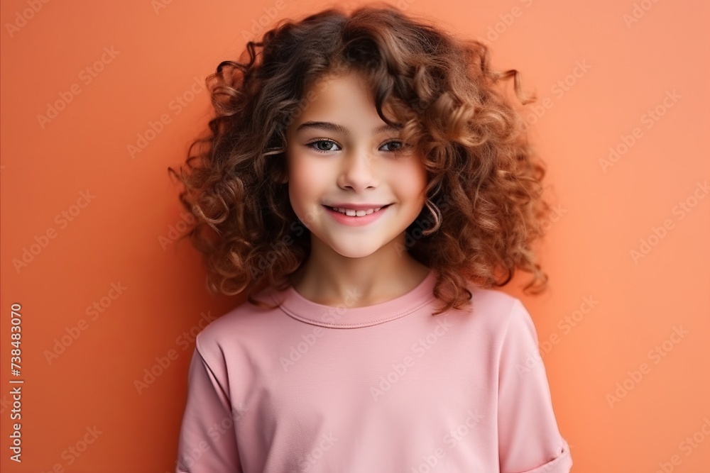 Portrait of a cute little girl with curly hair over orange background