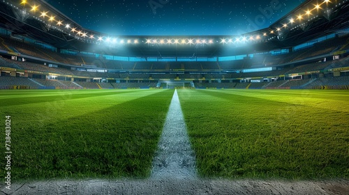 Evening football stadium with bright lights and markings,