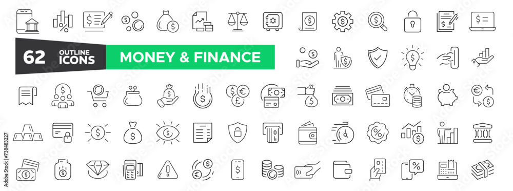 Money Thin Line Icon Set. Finance icon set. Money signs. Vector business and finance line icon. Bank, check, law, auction, coins, exchange, payment, wallet, deposit, piggy.