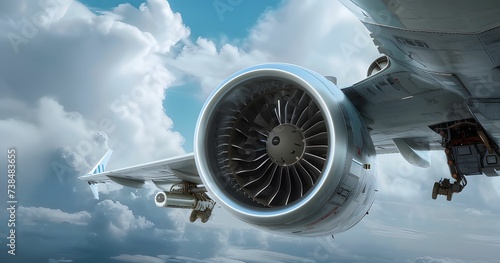 Powerful Aircraft Engine - Airplane Soaring Through Cloudy Blue Sky with Impressive Thrust