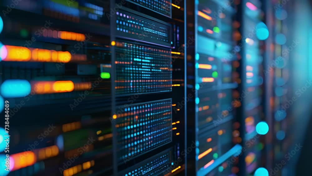 A closeup of a data center server rack with glowing lights indicating the AI systems at work processing and yzing mive amounts of information. The image showcases the behindthescenes