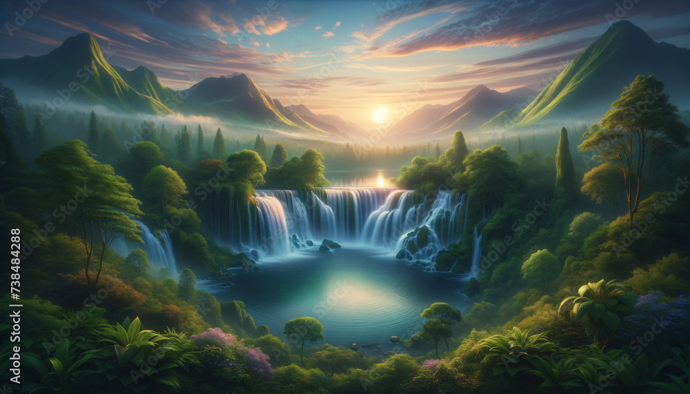 Tranquil waterfall in untouched natural landscape with majestic mountains and pastel sky. Tranquil waterfall in untouched natural landscape with majestic mountains and pastel sky.