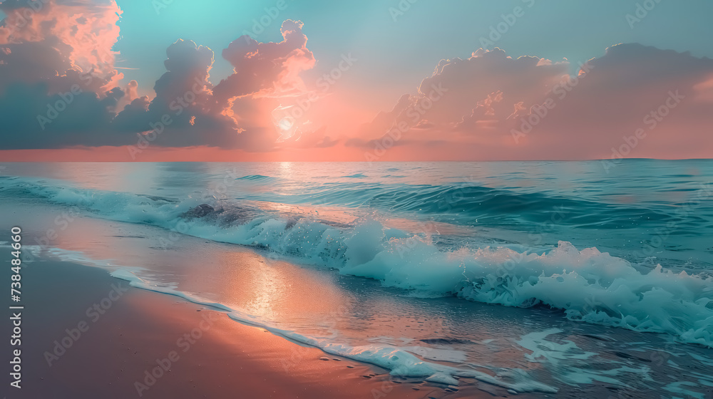  serene seaside landscape, crashing waves, sandy shores, calming, pastel, coastal, tranquil photography