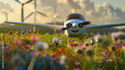Airplane has big eyes, smiles, and flies near ground with flowers. A happy airplane flies near the ground, over a field of flowers. photo
