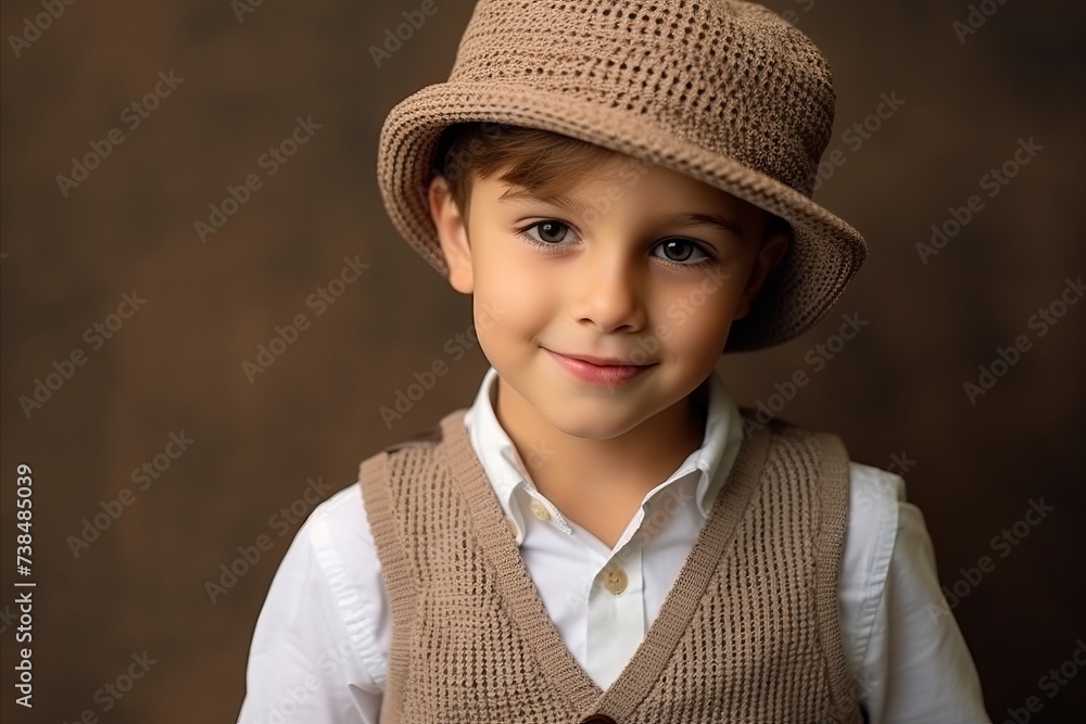Portrait of a little boy in a hat on a brown background Portrait of a little boy in a hat on a brown background