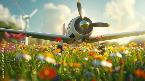 Small airplane close to ground, amidst flowers and eco-friendly turbines. Airplane flies low, showing a world where green energy and nature meet.