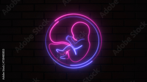 A placenta in the uterus and a futuristic child that glows blue and purple. Neon embryo child icon in line style. A human baby in the womb