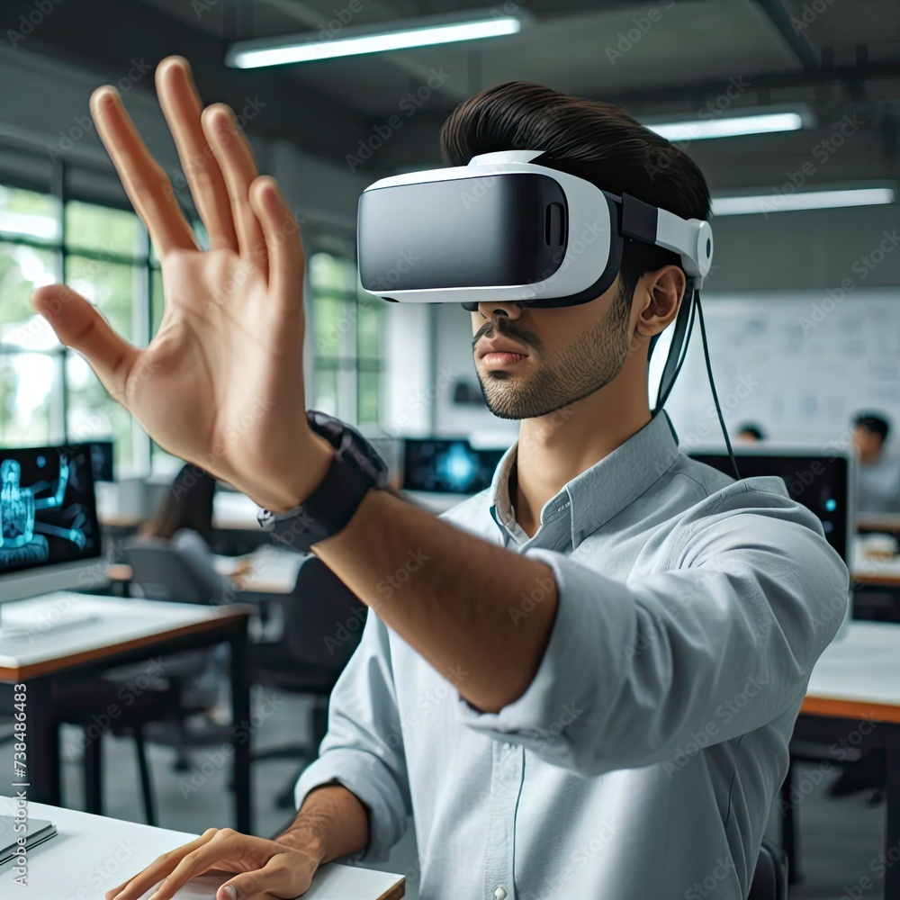 Side view portrait of man wearing virtual reality headset extending his hand while testing augmented technology in school lab, copy space - obrazy, fototapety, plakaty 