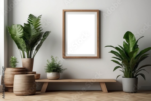 Poster mockup with a green plant and wooden frames on white wall © Dhiandra