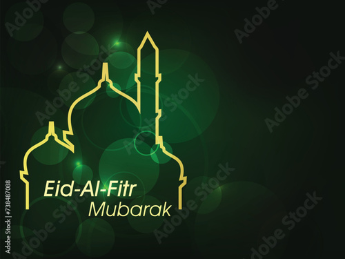 Line Art Mosque on Bokeh Light Effect Green Background for Muslim Festival of Eid Al Fitr Mubarak