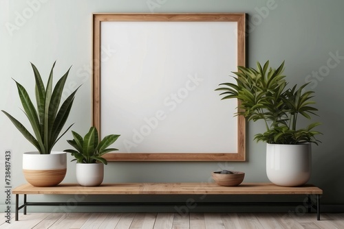 Poster mockup with a green plant and wooden frames on white wall