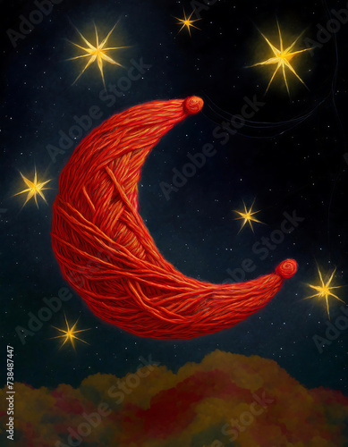 Moon made with a fiery red yarn in the night sky with stars made of wollen threads 